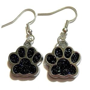 Black Glitter Paw Print Dangle Earrings